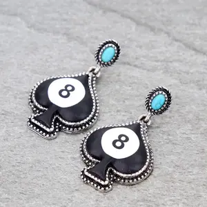 Western Spade Eight Ball Stud Earrings with Turquoise Accent Unique Design Black and White Patterned Studs