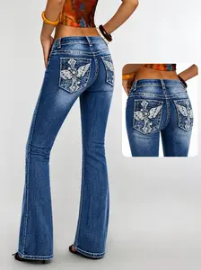 Women's Jeans Cross Wing Embroidery Mid WaistStretchy Bootcut Slim Straight Leg Pants