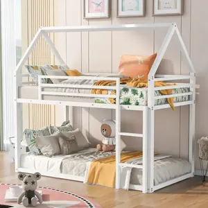 Bunk Bed Twin Over Twin Metal Floor Bunk Bed with Ladder, House Shaped Bunk Bed Frame with Metal Slats for Dormitory and Bedroom, Space Saving, No Box Spring Needed