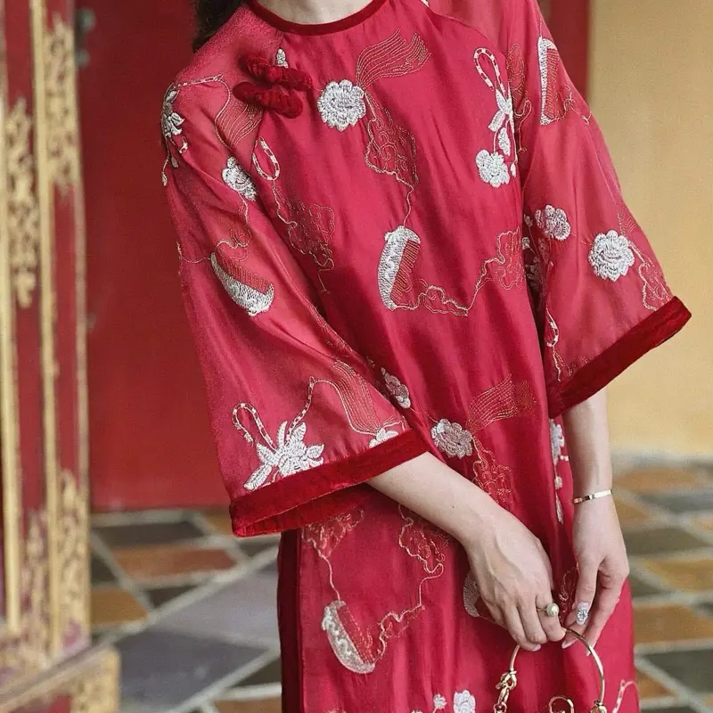 AoDaiVietSister Red Ao Dai for women| Ao dai Cach Tan Loose fit| Wedding guest Ao Dai Dress Womenswear Vietnamese Ao Dai