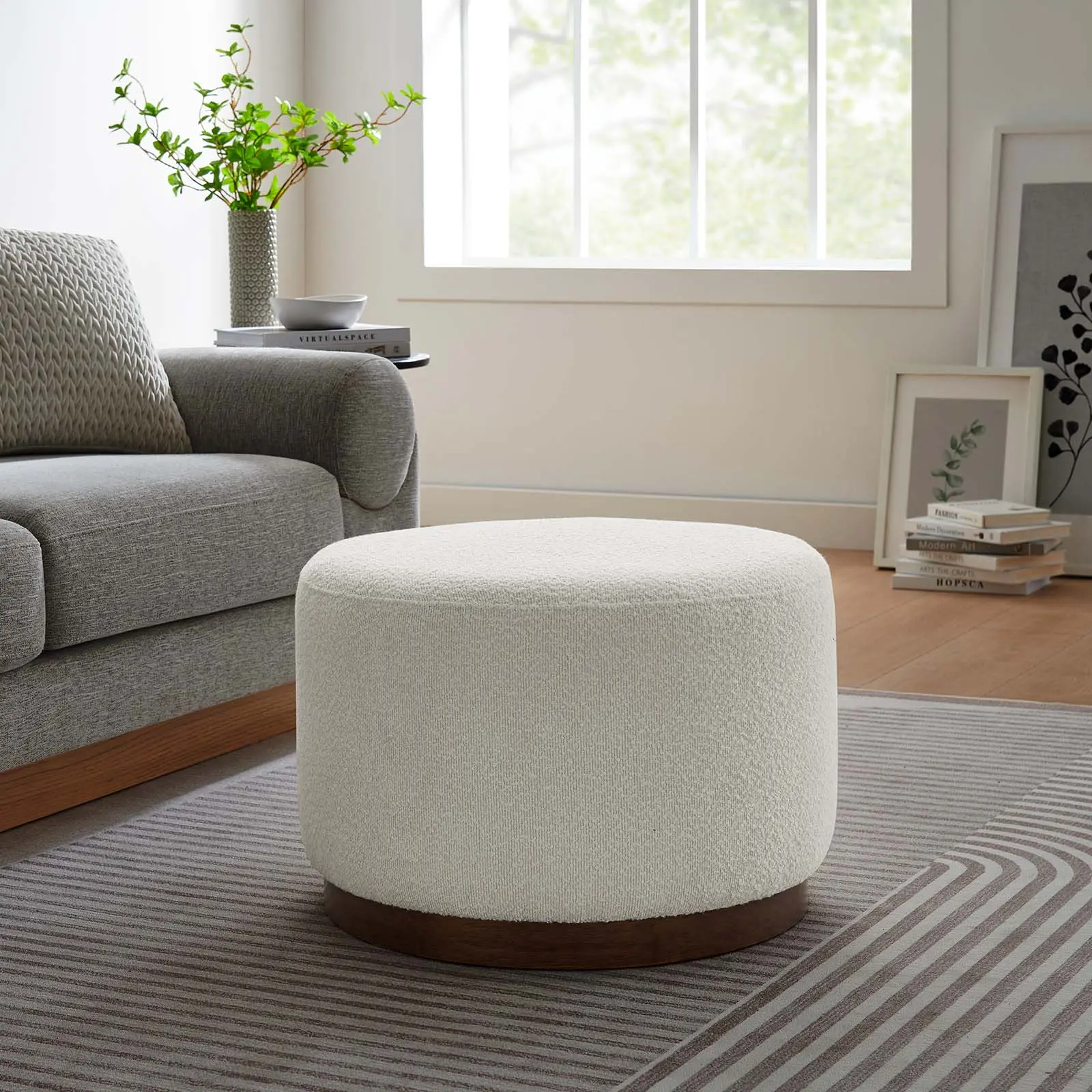 Modway Tilden Large 23" Round Boucle Upholstered Ottoman Footstool, Cloud Walnut Finish Indoor Furniture Stool