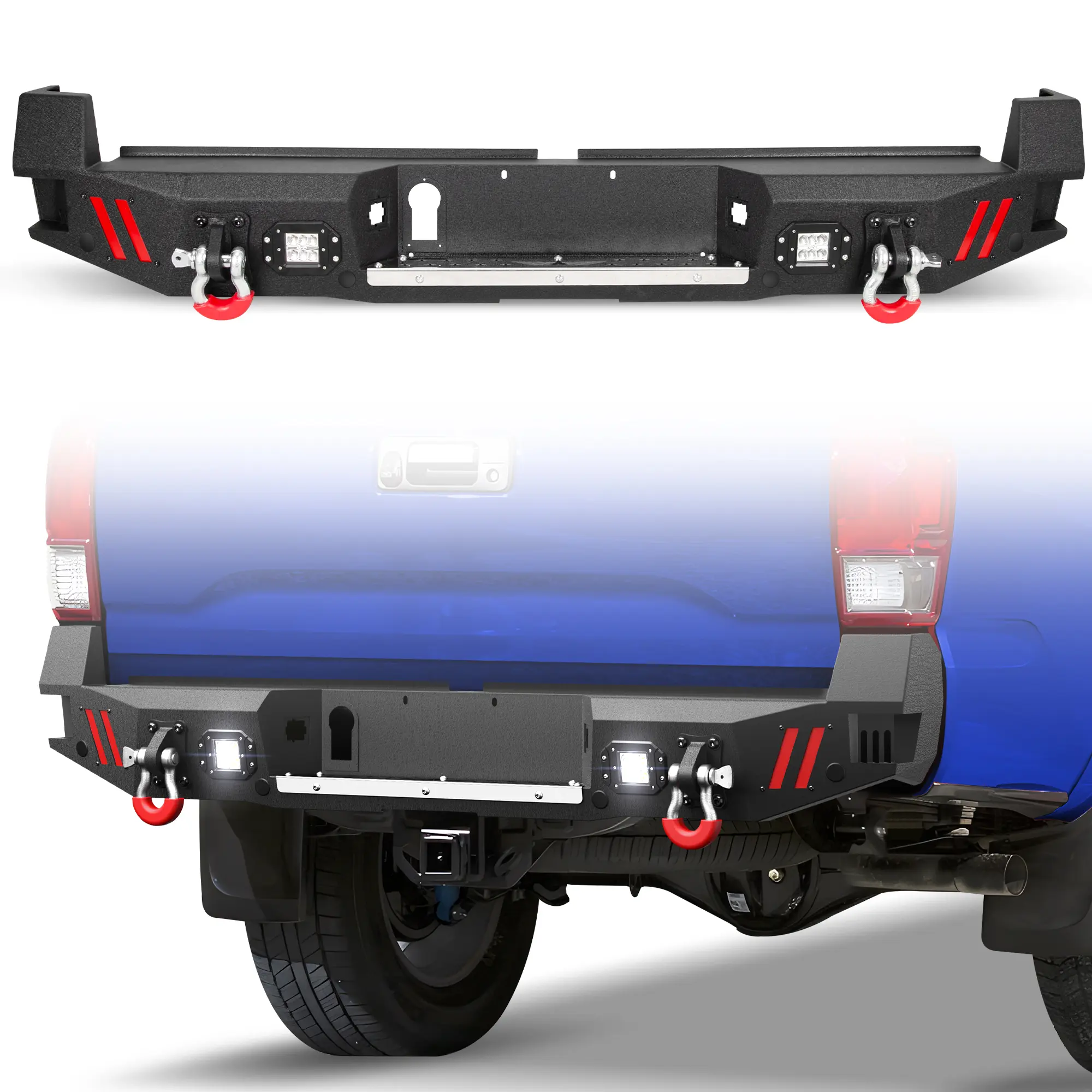 POFENZE-Mestan Full Width Rear Step Bumper for 3rd Gen Toyota Tacoma (2016-2023) - Direct Install Bumper with Step Plates, D-Rings, Pre-Drilled Sensor Holes, Light Bar Compatibility for Night Driving