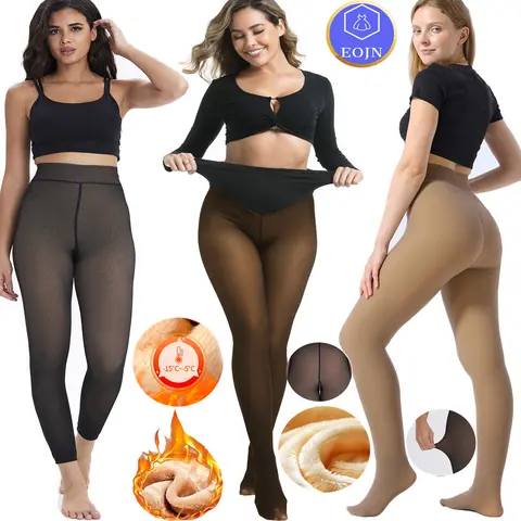 EOJN Women's Fleece-Lined Tights Winter Thermal Ankle-Length Leggings Lined Thick Translucent High-Stretch Footless Pants, Minimalist Basic Bottoms Suitable for Cold Weather, Indoor & Outdoor Activities, 3 Styles Available to Choose From.