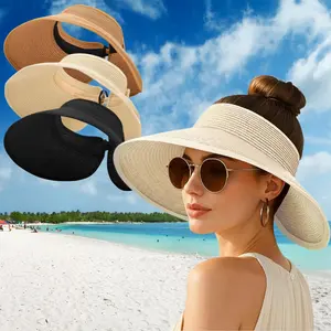 3Pcs Foldable Straw Sun Visor Hats for Women, Wide Brim Ponytail Summer Beach Hat, Protect Your Skin Easily