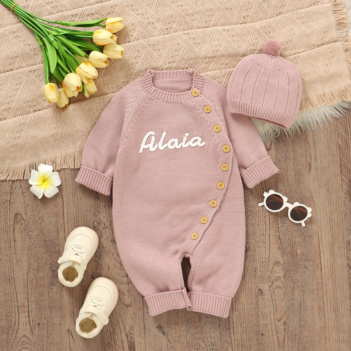 Mimixiong Handmade Embroidery Custom Baby Name Romper Sweater Coat, Newborn Soft Knitted Fabric, Comfortable Fit, Unique Baby Sweater Set with Baby Hat