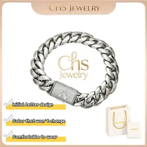 【Letter Lock】Capital Initial A-Z 26 Letters | Chunky Silver Cuban Link Bracelet with Diamond-Cut Letters |   14mm Stainless Steel Men's Punk Rap Jewelry, Hip Hop Gift for Daily Stacking & Parties 7.5/8.5in Adjustable