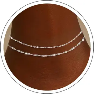 Ankle Bracelets for Women 14K Silver Plated Anklets for Women Waterproof Dainty Twist Square Beaded Chain Anklets Non Tarnish Adjustable Layered Anklet Summer Beach Jewelry Gift