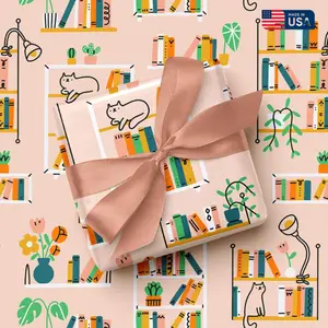 New Home Wrapping Paper, Bookshelf Cat Design, Perfect for Birthday, Warm House Gift Wrap, Book Lover, Christmas Gift for Him, Gift For Her