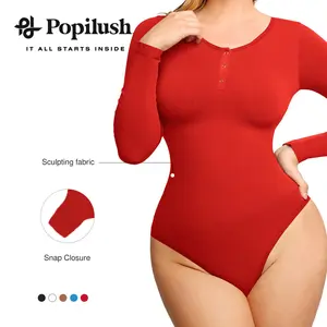 Popilush Seamless Shapewear Bodysuit with Medium Length and Ribbed Material Light