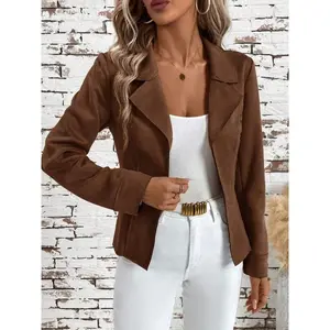 A women’s brown collared blazer with a waistline and long sleeves, exuding an elegant style and suitable for both casual and formal occasions.