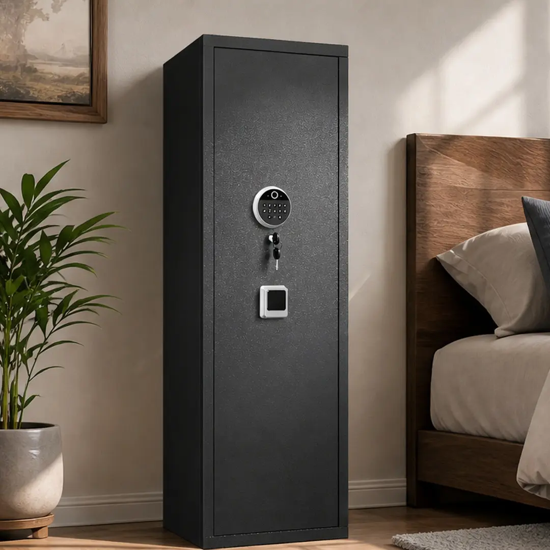 Classic Rectangular ARCH Home Security Cabinet - Biometric Lock Quick Access, 11.80" W x 13.80" D x 57.00" H, 54.00 lb, Backup Keys, Detachable Partition, No Full Assembly, Cold Rolled Steel, Black, Holds 5 Long Guns & 3 Handguns, Bedroom Gun Storage