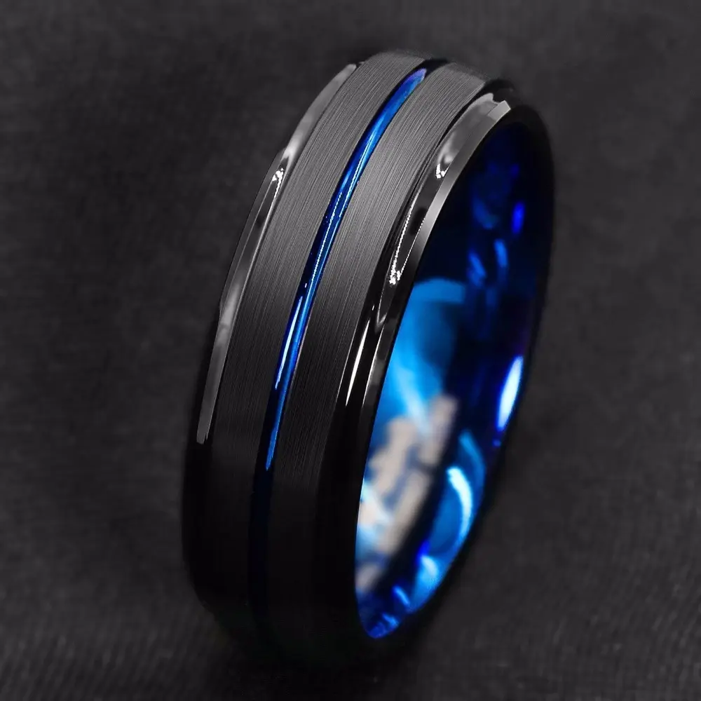 Engagement Rings for Male, High-Quality Tungsten Band with Slot Cutout and Contrasting Interior, Comfort Fit Promise Jewelry, Adults, Black Slotted