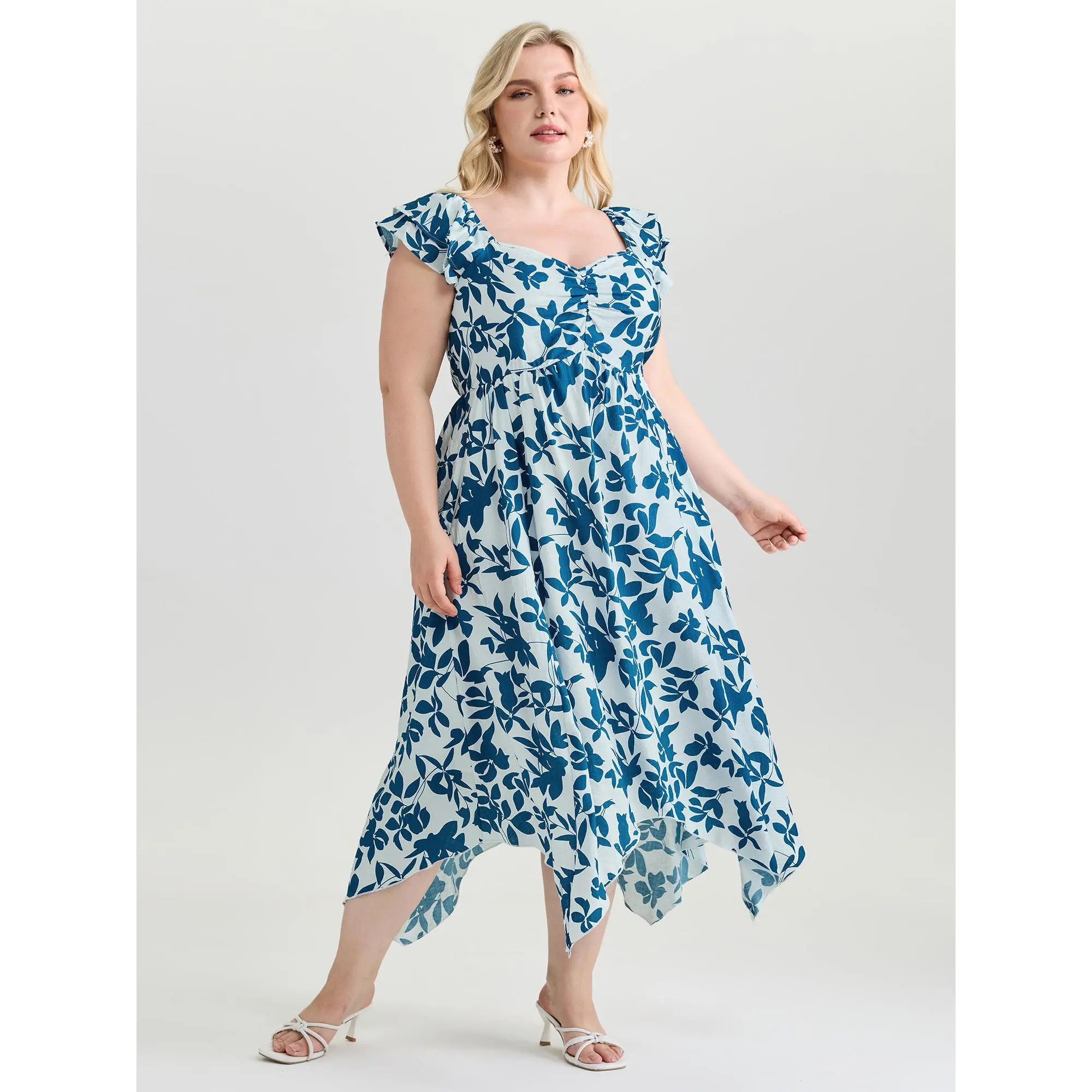 BLOOMCHIC Women's Plus Size Casual Hippie Bohemian Floral Print Short-Sleeves Asymmetric Hem Gathered Waist Maxi Dress [M-6X] - Smooth Polyester Nylon Rayon Blend Fabric Garment, Cold Wash, Low Iron, Festival-Casual Summer Wear