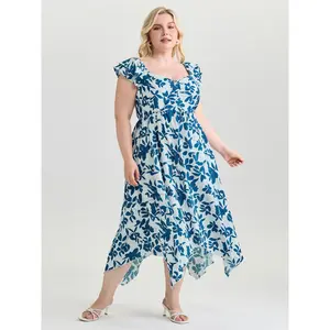 BLOOMCHIC Women's Plus Size Bohemian Floral Print Short-Sleeve Asymmetrical Hemline Maxi Dress [M-6X] - 2026 Summer Vibes, Smooth Polyester Fabric Garment, Casual Fit Nylon Clothes, Swimweek Spotlight Deals