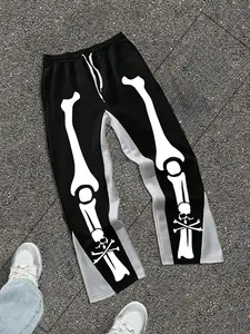 Men's Skull Bone Print Casual Pants, High Waist Drawstring, Soft Fleece Lining, Y2K Gothic Street Style, All Seasons