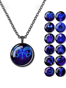 12 Constellation Necklace Fashion Men's Black Alloy Necklace Constellation Pattern Inlaid Pendant Fashion Men's Jewelry Gift Luminous Couple Necklace
