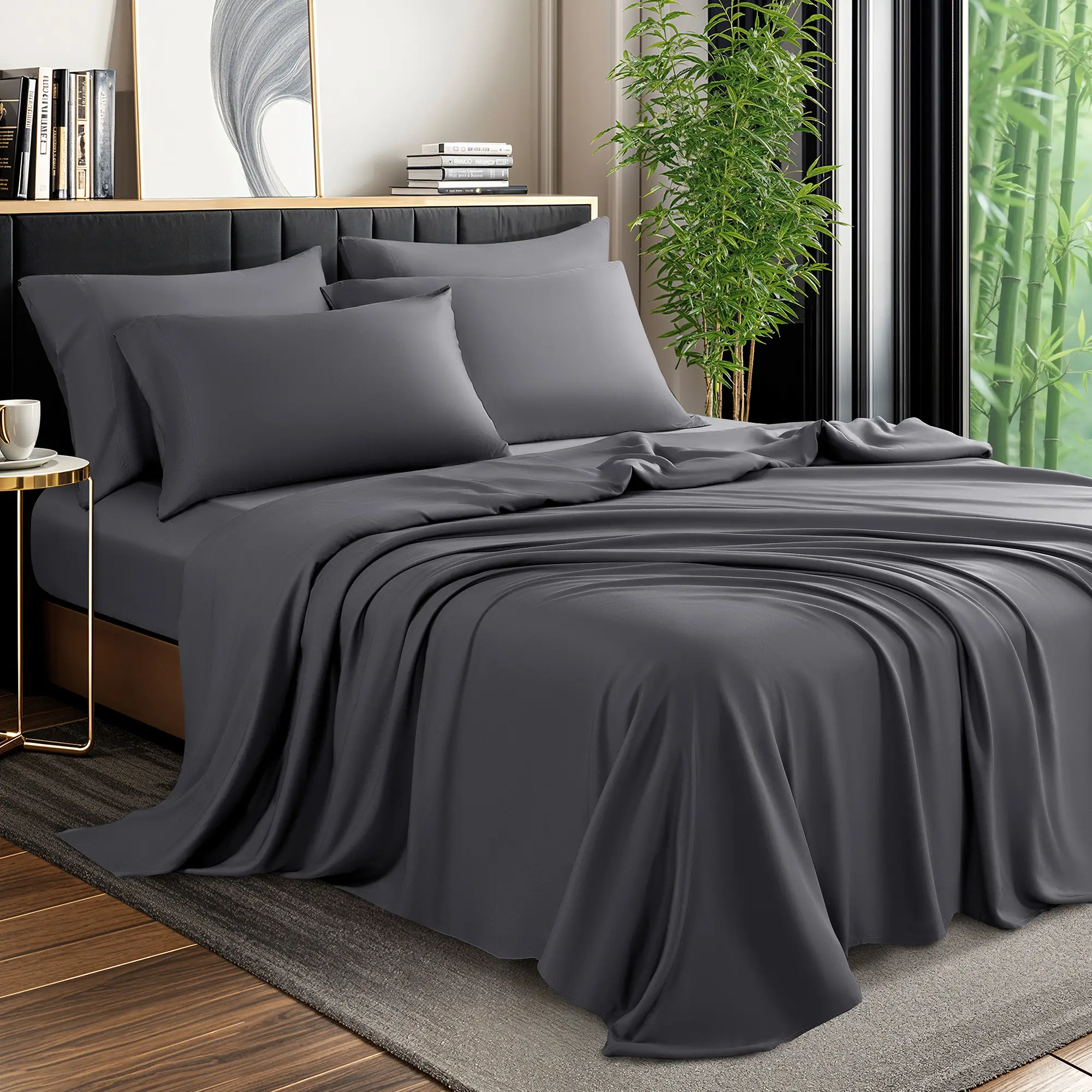 Shilucheng Natural Bamboo Bed Sheet Set- 4/6 Pc Silky Smooth & Cooling, 16" Deep Pocket, Anti-bacterial & Mite-resistant, Hotel Luxury Pillowcase Fabr