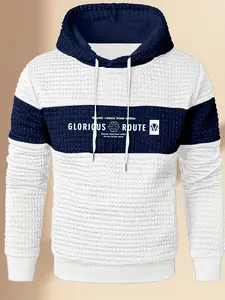Men's Sports and Leisure Fashion Hoodie - Navy Blue and White Letter Printed, Long Sleeve, Polyester , Machine Washable