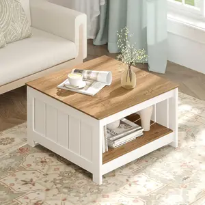 COSTWAY Farmhouse Coffee Table, 2-Tier Square Center Table for Living Room with Fence Design & Open Storage Compartment, Wood Living Room Tables for Dorm Office, Natural & White