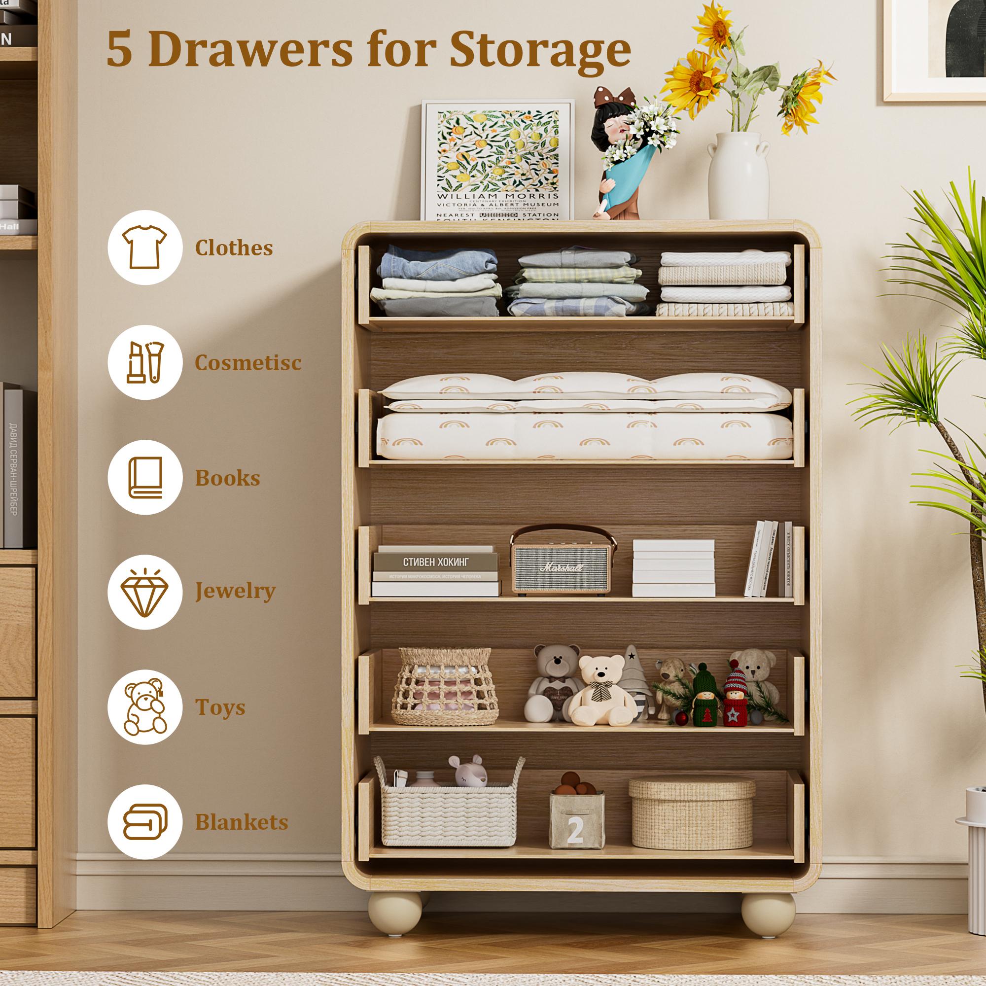 Aowos Modern 5 Drawers Dresser for Bedroom, 41" Tall Wood Fluted Dressers & Chests of Drawers with Curved Profile Design for Bedroom, Living Room, Wood, Natural, Black, White