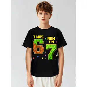 [Printed Tee] 7 Year Old Birthday Funny I was 6 Now I'm 7 Six Seven Meme Novelty Awesome Graphic Kid T-Shirt Cute Kid T Shirts Trendy Cool Tops Tees for Kid ,Soft Cotton/ Comfy T-Shirt