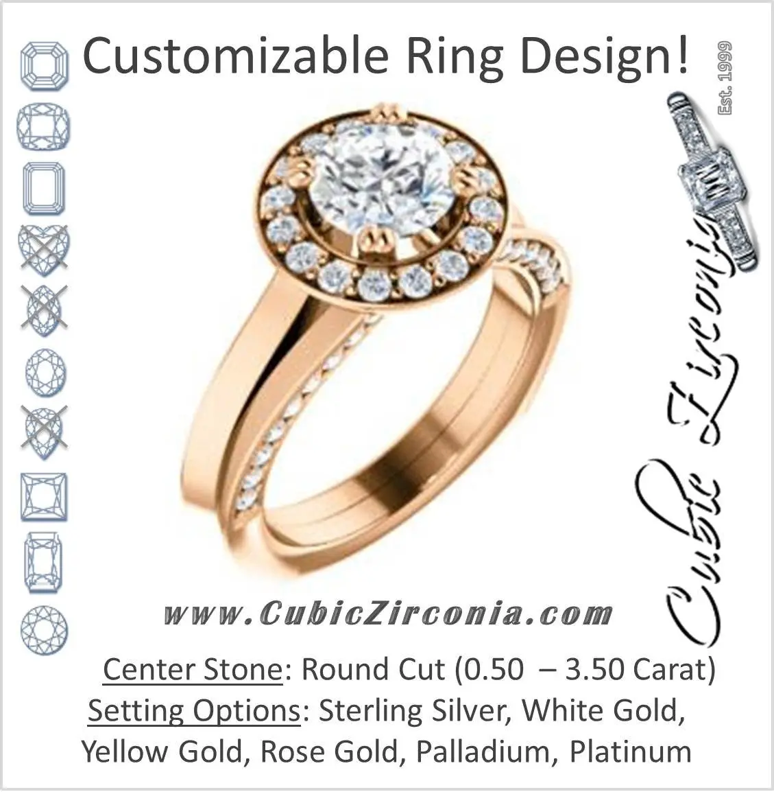 Cubic Zirconia Engagement Ring- The Jocelyn (Customizable Halo-Enhanced Round Cut featuring 3-side Accented Split-Band)