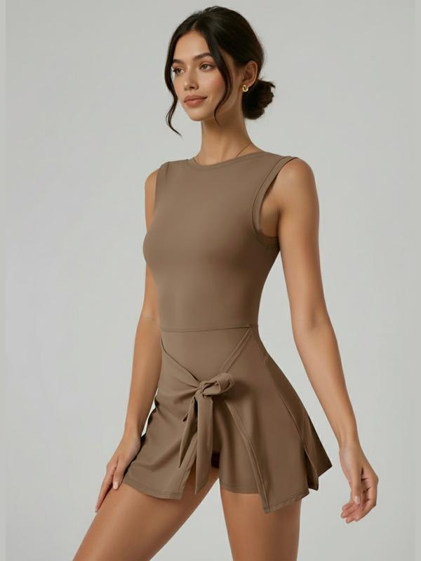 Women's Long Sleeve Solid Color Tennis Dress with Side Slit & Built-in Shorts for Yoga Golf & Athletic Activities Sportswear High Stretch Nylon Womenswear