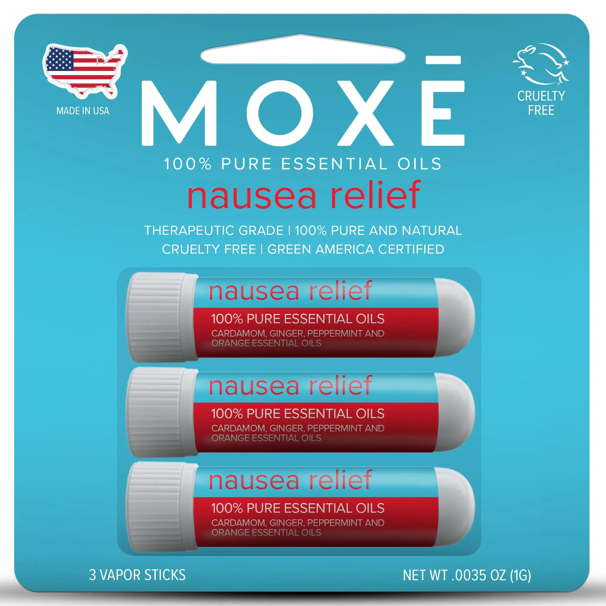 MOXE Nausea Nasal Inhaler Sticks, All Natural Essential Oil Blend, Ginger, Cardamom, Peppermint, Sweet Orange, Upset Stomach, Headaches, Easy-to-Use Portable Aromatherapy, Made in USA