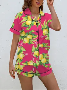 Women's Casual Fitted Sleepwear Set, Short Sleeve Open Front Top & Elastic Long Pants, All-Season Comfort Home Wear Pajama Set