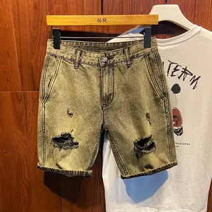 New Men'S Ripped Denim Shorts |   Trendy Thin Style, Distressed And Torn, Five-Quarter Length, Vintage  Style, Mid Waist, Casual Fit