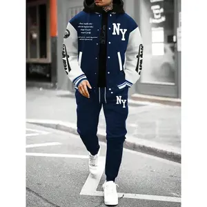 Men's Letter Print Baseball Jacket & Sweatpants Two-Piece Set, Regular Fit Casual Fashion Cozy Breathable Two Piece Outfits for Daily Outdoor Wear, Men Clothes for Fall & Winter