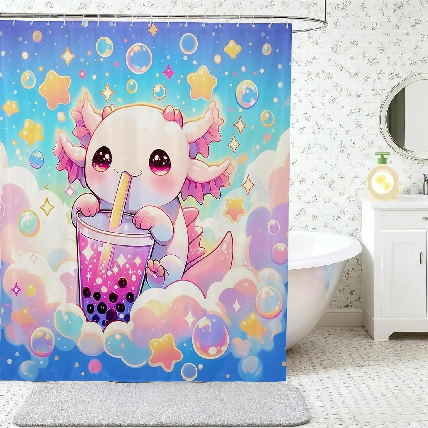 Feelyou Bubble Tea Shower Curtain - Cute Axolotl Character-Themed Cartoon Print, Blue Sky Cloud Pattern, Colorful Fabric Pattern, Waterproof Washable, Bathroom Accessory Set with Hooks, Cartoon Print Curtains, Character-Themed Curtains