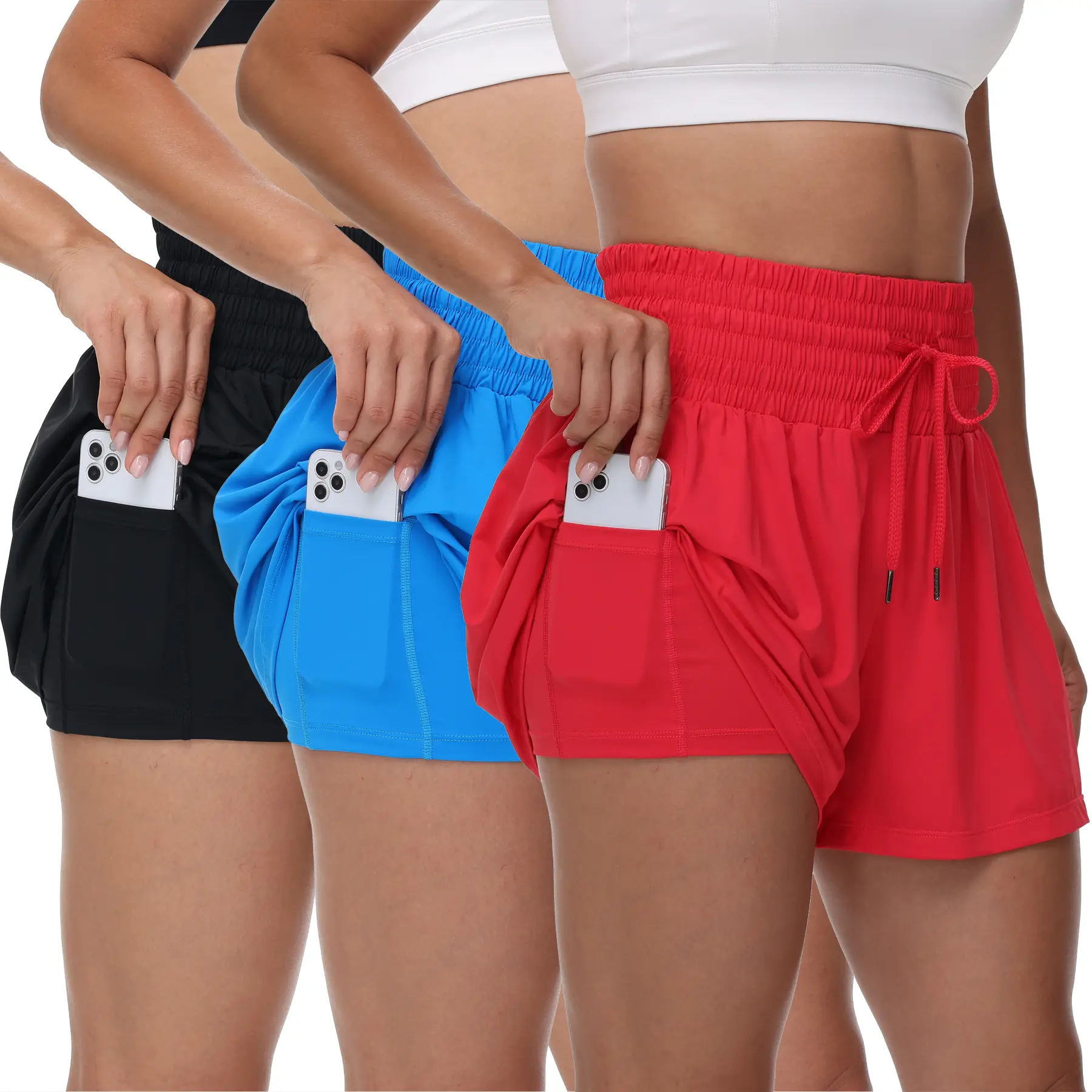 Women's 3-Pack High-Waist Smocked 2-in-1 Pocket Drawstring Skorts, Active Yoga Sportswear Workout Skirts for Lower Body Workout, Tennis & Summer Casual Use