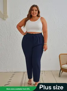 Plus Size Elastic Waist Straight Leg Pants, Loose Legged Pants, Casual Frill Trim High Waist Trousers for Women, Women's Bottoms for All Seasons