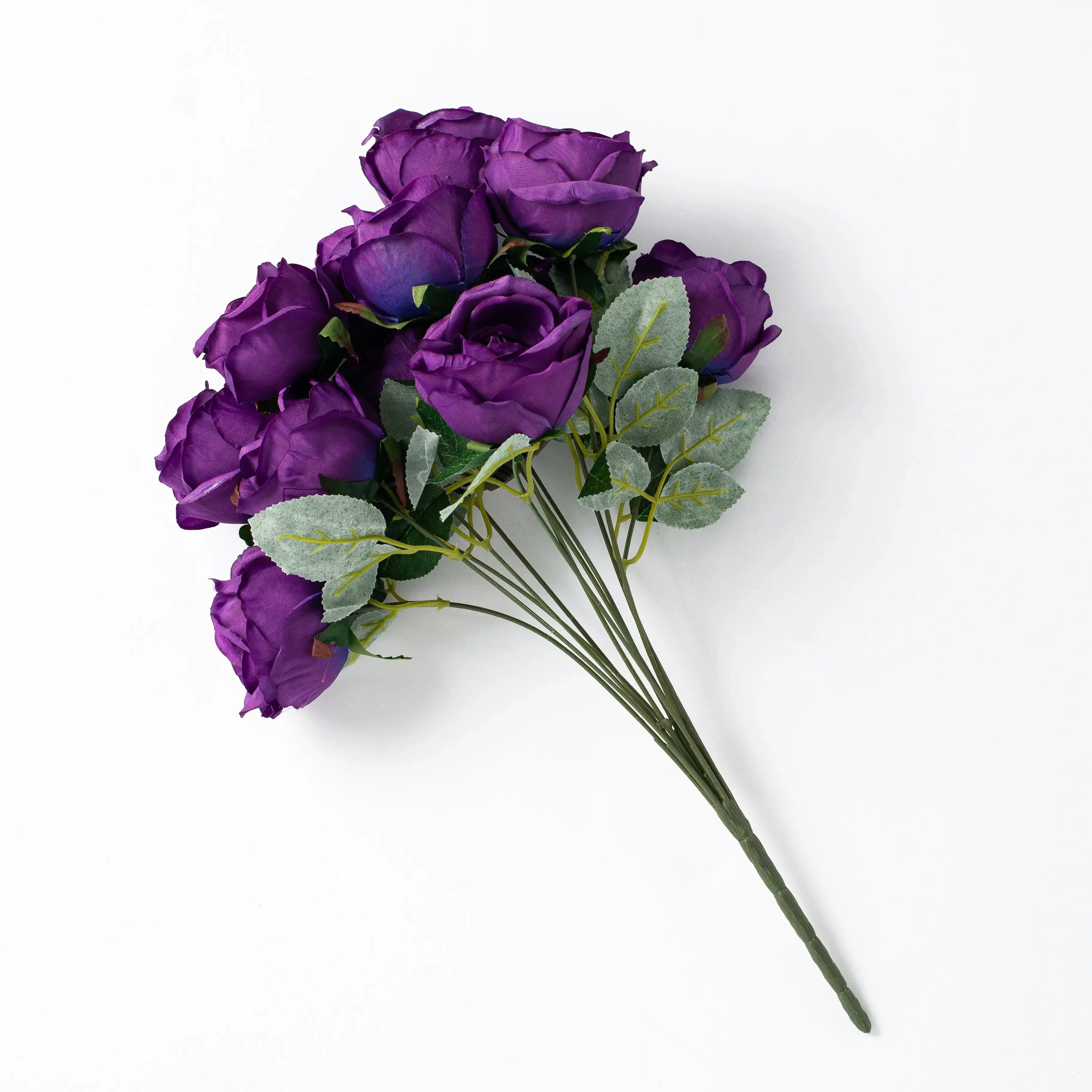 One Dozen Purple Silk Rose Blooms Faux Floral Bush Stem Bouquet - 19"