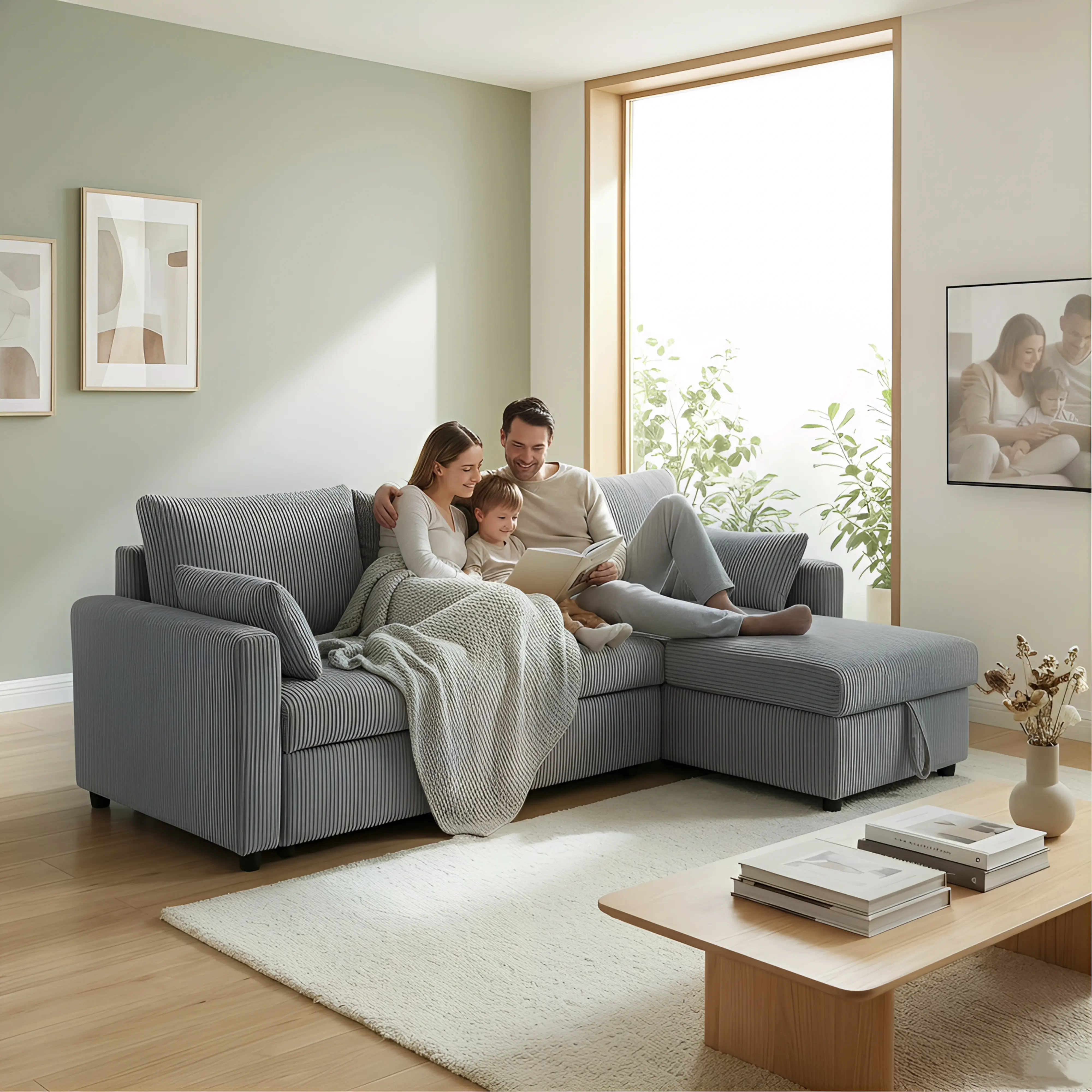 Convertible L-Shaped Sleeper Sectional Sofa with Storage Chaise ...