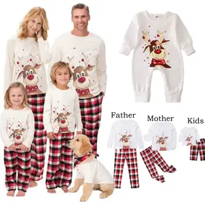 Family Matching Christmas Cotton Pajamas Sets Mother And Kids Deer Print Tops Pants Xmas Sleepwear Baby Romper Pet Dog Clothes Womenswear Stretchy Fitted Crewneck Long Sleeve