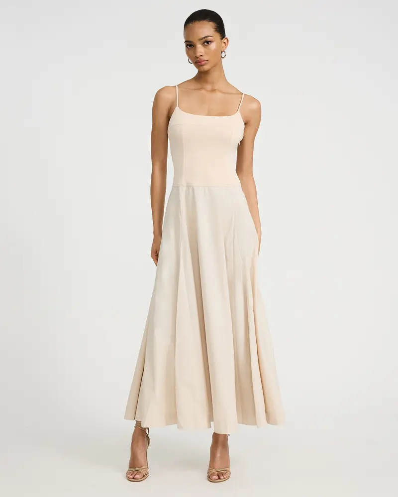 Express Linen-Blend Basque Waist Smocked Back Midi Dress with Pockets