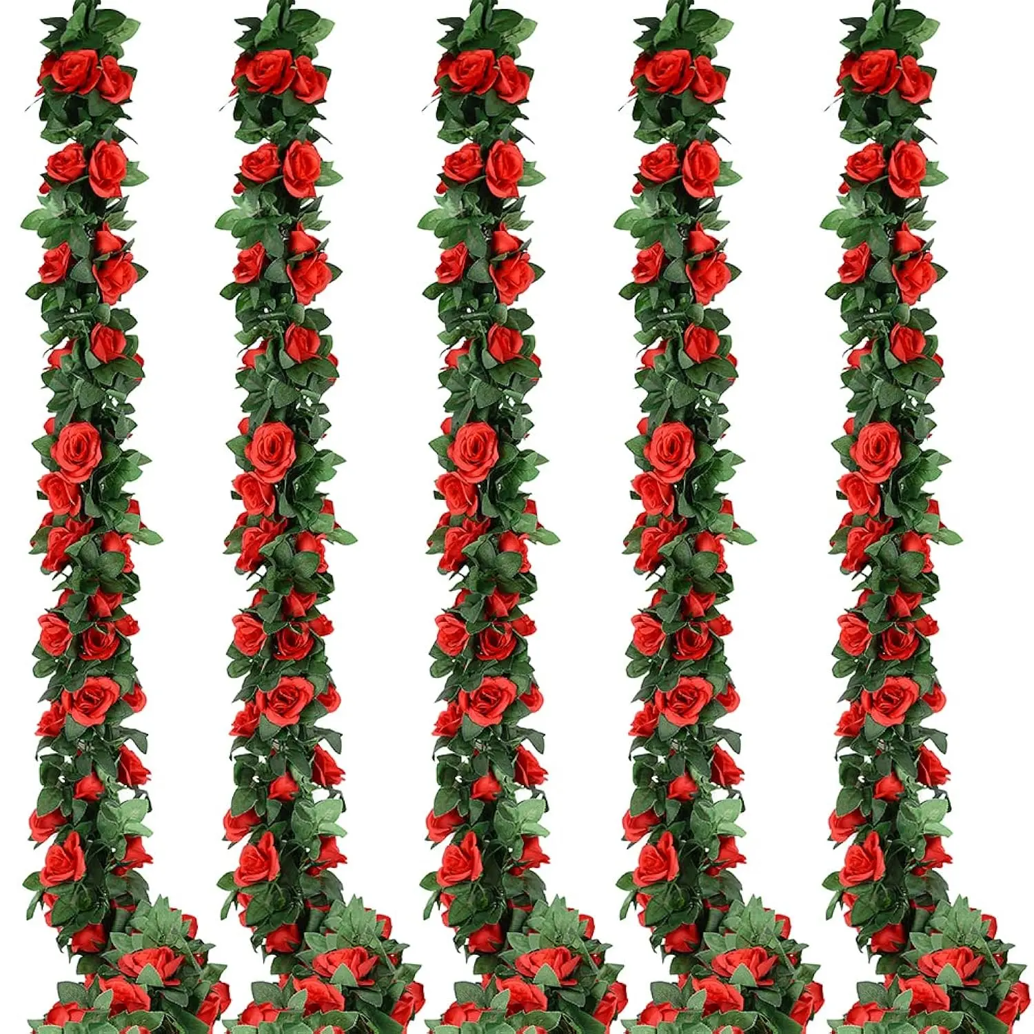 5-Pack Red Faux Rose Vines – 41FT Total Artificial Flower Garlands for Wedding, Party, Wall Backdrop, Archway, Home, and Event Decor Display