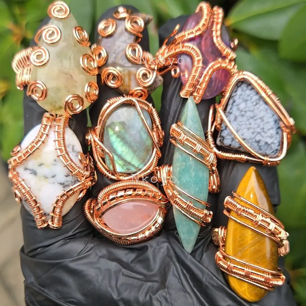 Crystal Copper Ring for Men & Women Handcrafted with Assorted Gemstones Unique Wire-Wrapped Design • Copper Gemstone Ring