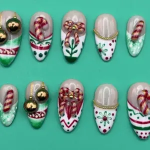 Christmas Nail Art Set - Festive Design with Candy Canes, Bows, and Gold Accents for Holiday Season