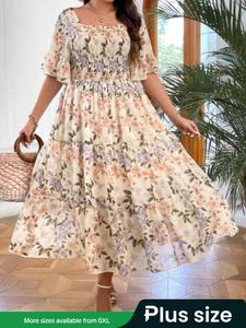 【plus size】 ditsy floral print flounce sleeve square neck shirred a line vintage dress, boho romantic printed long dresses for beach vacation guest, women's bohemian clothes, womenswear, sun dress, bohemian classy modest dresses, dress hide tummy