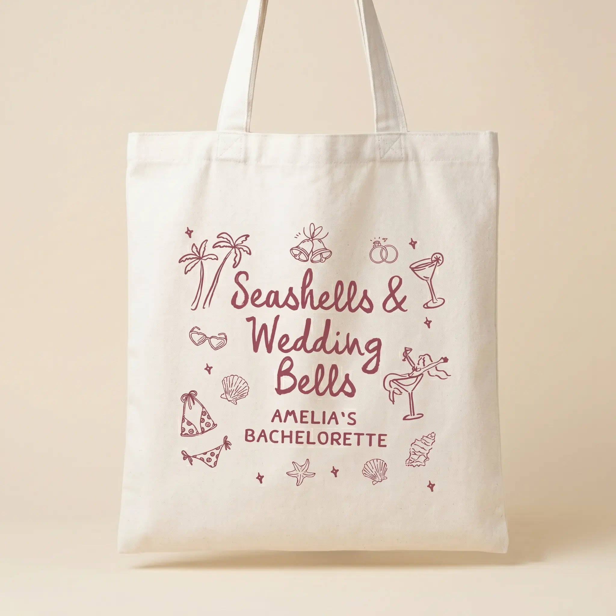 Women's Custom Seashells & Wedding Bells Graphic Oversized Canvas Tote Bag - Eco-Friendly, Durable, Basic - Coastal Chic Preppy Aesthetic for Bride - Bridesmaid Proposal Box Gift, Mother’s Day/Teacher Appreciation Gift with Custom Name