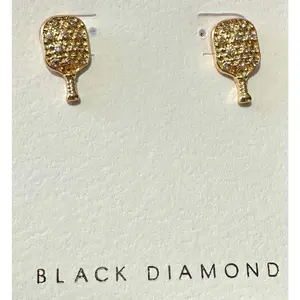 Black Diamond Preppy Poolside Mini Gold Toned Pickleball Earrings with Rhinestone Accents