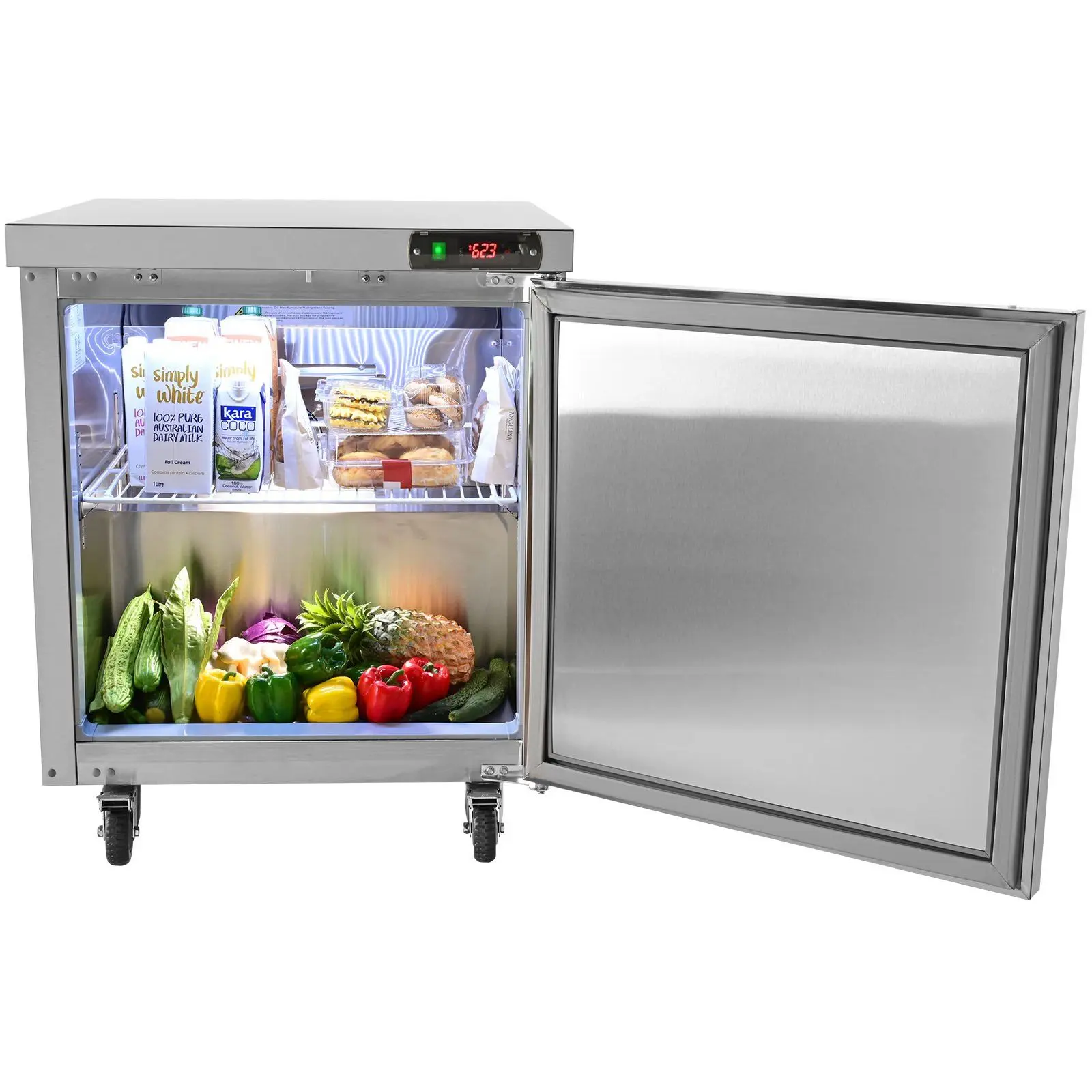 VEVOR Commercial Undercounter Worktop Refrigerator, 28 inches, 7.42 cu.ft Refrigerated Cabinet, Thick Stainless Steel Food Prep Station with Fan Cooling, Lock, Adjustable Height for Indoor Kitchen, Single Door, Anti-Rust Paint, Double-Layer Zoning