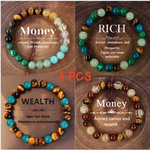 4 PCS Money & Wealth Attraction Bracelet Set, Tiger Eye Green Aventurine Crystal Beaded Bracelets, Abundance Prosperity Healing Jewelry for Men Women, Daily Wear & Gift
