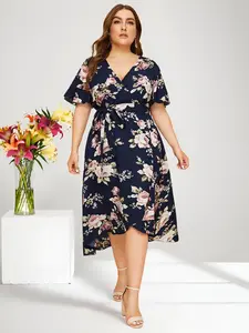 Women's Plus-Size Floral Print Long Belted Casual Beach Dress