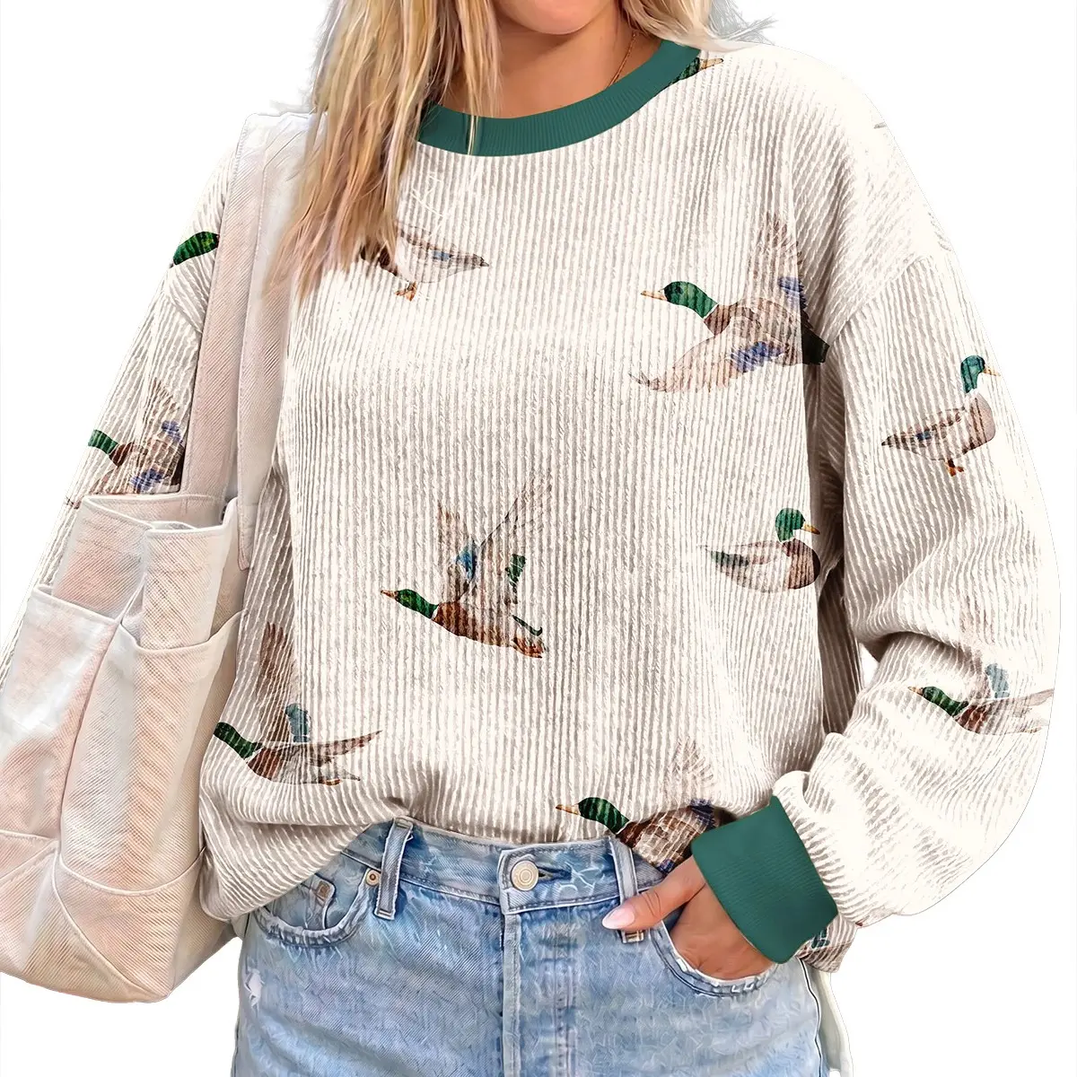 Hotapei Vintage Flying Mallard Duck All Over Print Crew Neck Sweatshirt For Women Contrast Green Cuff Collar Waffle Knit Loose Casual Long Sleeve Pullover Tops Cute Retro Outdoor Daily Wear Blouse