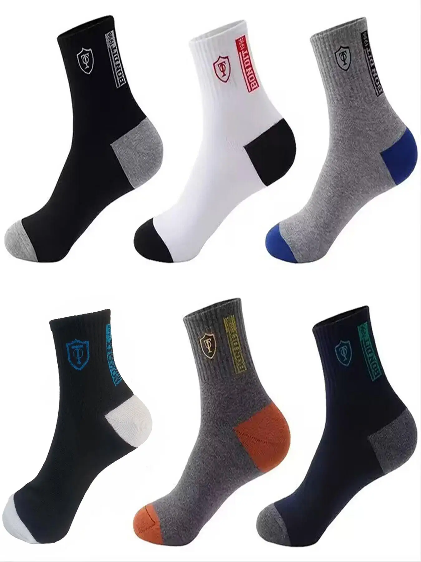 Men's 6 Pairs Colorblock Crew Socks, Stylish Athletic Running Socks, Soft Medium Stretch Mid Calf Socks, Multi-pack Mid Tube Sports Socks, Men's Socks