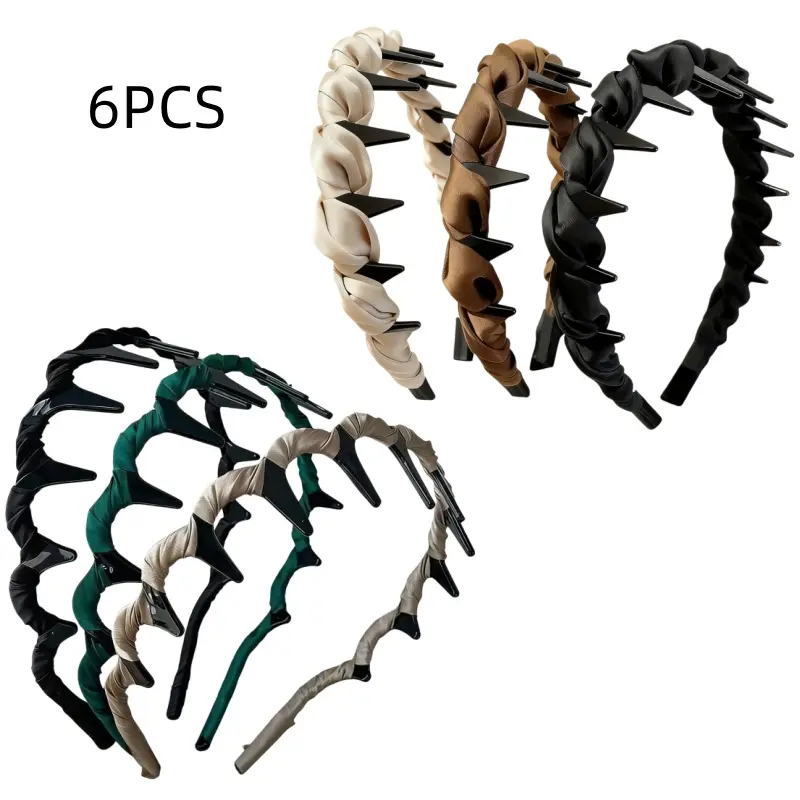 Women's Vintage Knit Texture Fashion Headbands - 6pcs Pack, Polyester PC, High-Top Toothed Edge Anti-Slip Hair Bands for Everyday Wear, Parties, Braids, Buns, Ponytails, Daily Party
